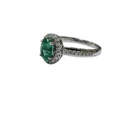 GBC (Z) 18K .82CT EM .27CT STRAIGHT LINE DIAMOND HALO RING WITH NATURAL EMERALD GEMSTONE CENTER AND NATURAL DIAMONDS ON THE SETTING