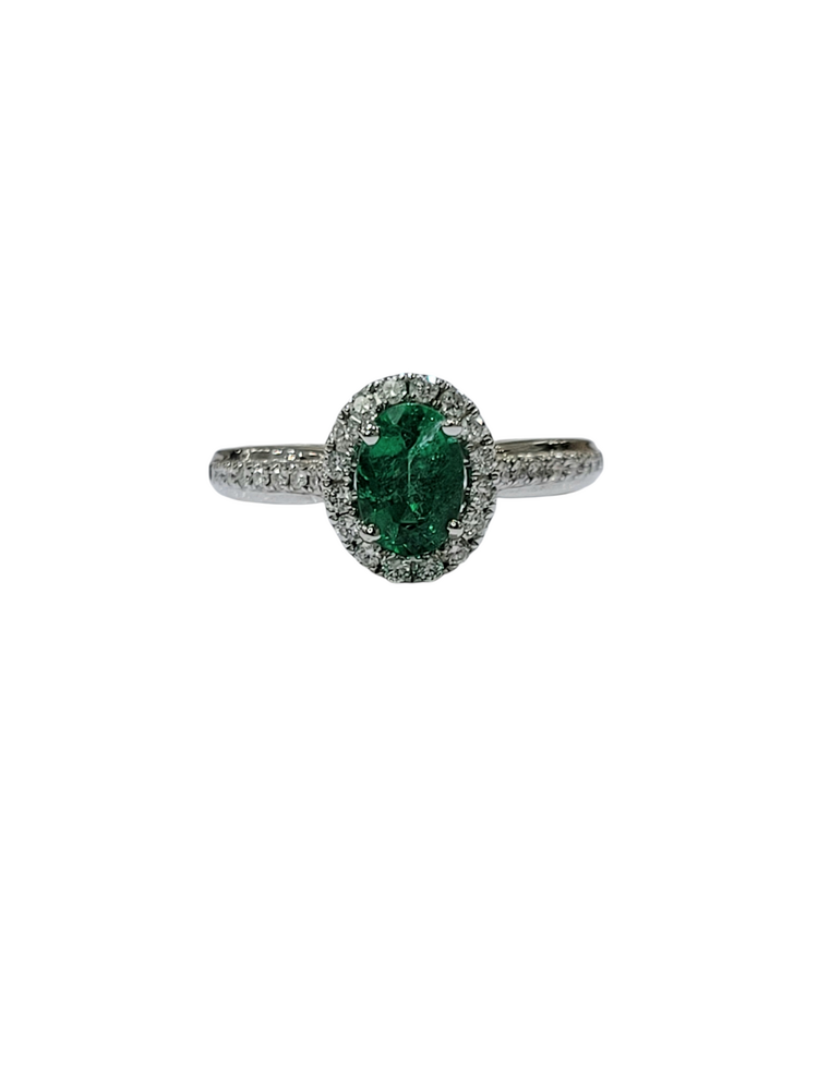 GBC (Z) 18K .82CT EM .27CT STRAIGHT LINE DIAMOND HALO RING WITH NATURAL EMERALD GEMSTONE CENTER AND NATURAL DIAMONDS ON THE SETTING