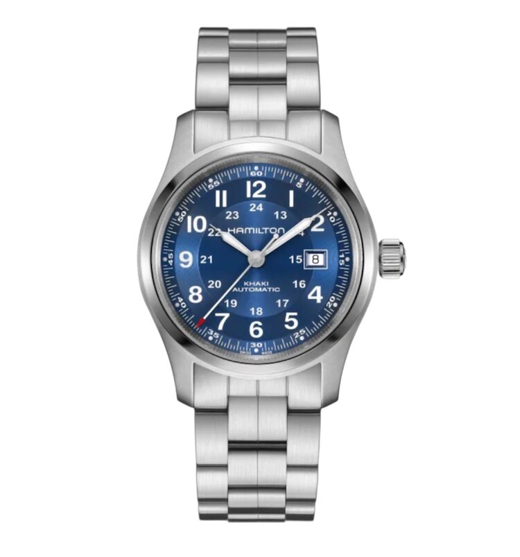 Hamilton HAMILTON KHAKI FIELD/Reference H70605140/Caliber H-10/Collection Khaki Field /Movement Automatic/Case size 42MM/Thickness 11MM/Dial Color Blue/Case Material Stainless Steel/Crystal Sapphire/80 hr pwr