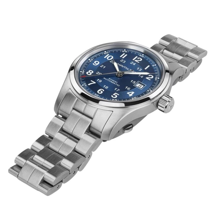 Hamilton HAMILTON KHAKI FIELD/Reference H70605140/Caliber H-10/Collection Khaki Field /Movement Automatic/Case size 42MM/Thickness 11MM/Dial Color Blue/Case Material Stainless Steel/Crystal Sapphire/80 hr pwr