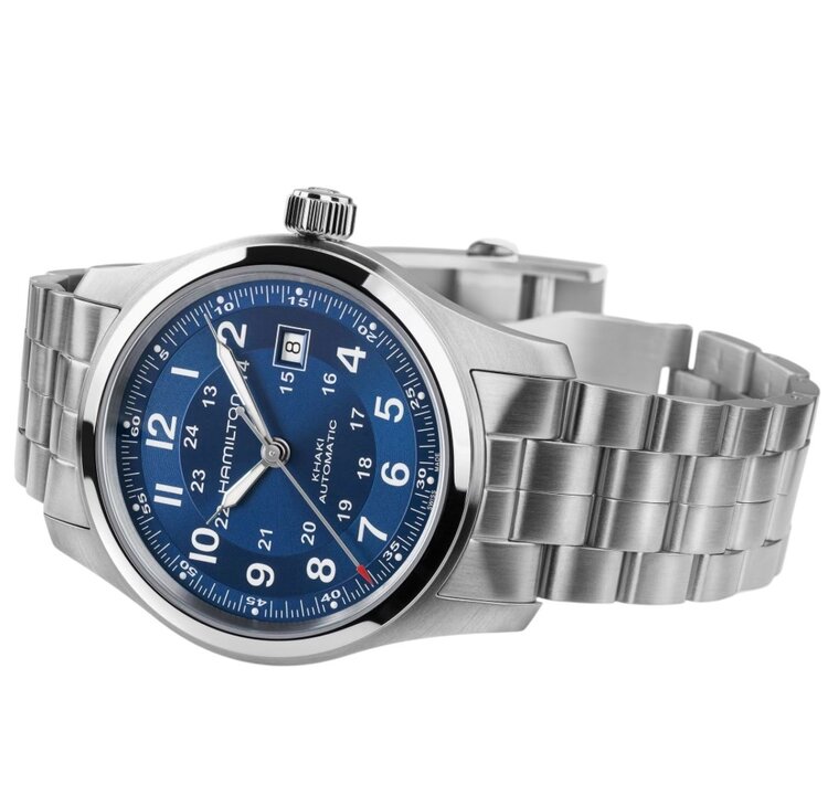 Hamilton HAMILTON KHAKI FIELD/Reference H70605140/Caliber H-10/Collection Khaki Field /Movement Automatic/Case size 42MM/Thickness 11MM/Dial Color Blue/Case Material Stainless Steel/Crystal Sapphire/80 hr pwr