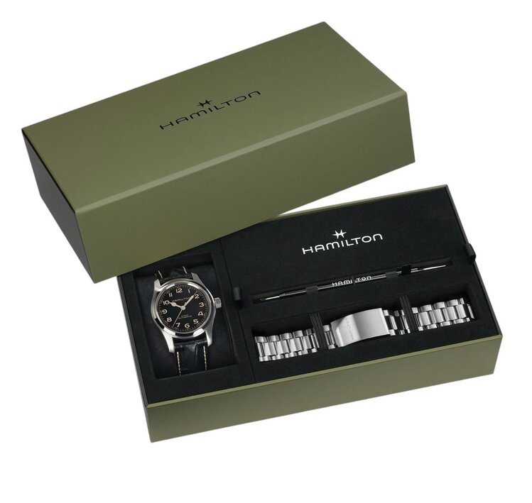 Hamilton HAMILTON MURPH BRACELET BUNDLE/ Reference H70605732 / Caliber H-10 / Collection Khaki Field /Movement Automatic/Case size 42MM/Thickness 11MM/Dial Color Black/Case Stainless Steel/Crystal Sapphire/80 hr pwr