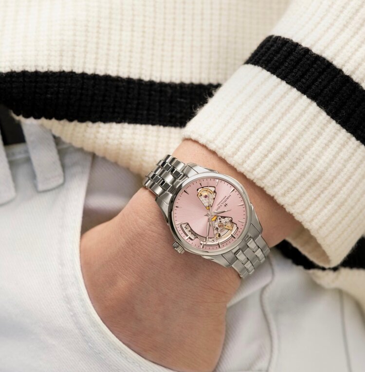 Hamilton HAMILTON JAZZ MASTER OPEN HEART/ Reference H32215170 / Caliber H-10 / Collection Jazzmaster /Movement Automatic/Case size 36MM/Thickness 10MM/Dial Color Pink/Case Stainless Steel/Crystal Sapphire/80 hr pwr