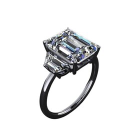DIAMOND TRADERS INTERNATIONAL (Z) 14K 7.52EM 3.04MT LAB, WHITE GOLD 3 STONE RING, CERTIFIED LAB GROWN EMERALD CUT DIAMOND CENTER 7.52CT G VVS2 IGI # LG6184665391, TWO LAB GROWN TRAPEZOID SHAPED DIAMOND ON THE SETTING TOTALING 3.04CT