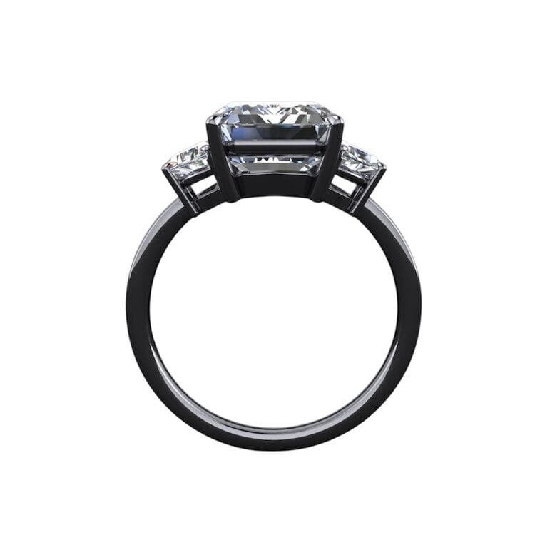 DIAMOND TRADERS INTERNATIONAL (Z) 14K 7.52EM 3.04MT LAB, WHITE GOLD 3 STONE RING, CERTIFIED LAB GROWN EMERALD CUT DIAMOND CENTER 7.52CT G VVS2 IGI # LG6184665391, TWO LAB GROWN TRAPEZOID SHAPED DIAMOND ON THE SETTING TOTALING 3.04CT