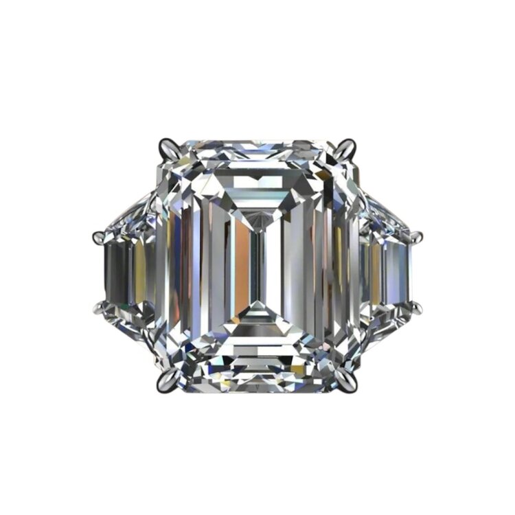DIAMOND TRADERS INTERNATIONAL (Z) 14K 7.52EM 3.04MT LAB, WHITE GOLD 3 STONE RING, CERTIFIED LAB GROWN EMERALD CUT DIAMOND CENTER 7.52CT G VVS2 IGI # LG6184665391, TWO LAB GROWN TRAPEZOID SHAPED DIAMOND ON THE SETTING TOTALING 3.04CT