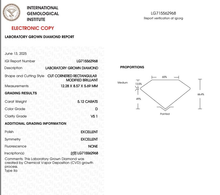 (Z) 14K 5.12CT .28MTG LAB, YELLOW GOLD LAB GROWN DIAMOND RING, RADIANT 5.12CT D VS1 IGI LG715562968, .28CT ON THE SETTING