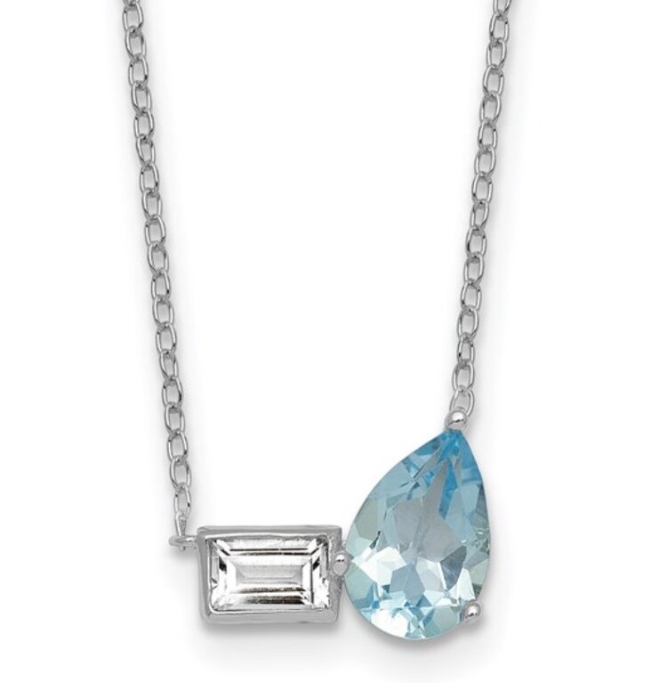 (Y) 925 BLUE TOPAZ PEAR CUT AND BEZEL SET WHITE TOPAZ EMERALD CUT 18 INCH NECKLACE