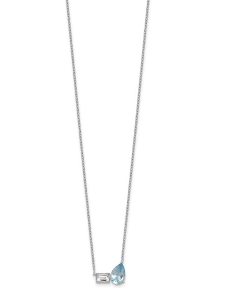 (Y) 925 BLUE TOPAZ PEAR CUT AND BEZEL SET WHITE TOPAZ EMERALD CUT 18 INCH NECKLACE