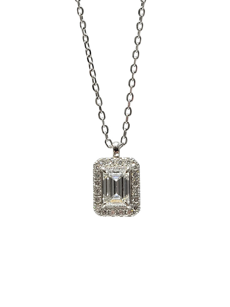 DIAMOND TRADERS INTERNATIONAL (Y) 925 1.06CT LG VS1 F IGI EMERALD CUT  DIAMOND .19CT LG DIAMOND HALO PENDENT IGI LG747521599