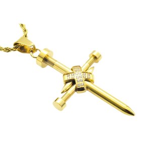 Blackjack (Z) MENS GOLD STAINLESS STEEL NAIL CROSS PENDANT WITH CZ 24”ROPE CHAIN
