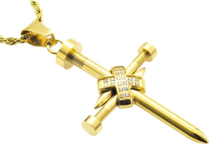 Blackjack (Z) MENS GOLD STAINLESS STEEL NAIL CROSS PENDANT WITH CZ 24”ROPE CHAIN