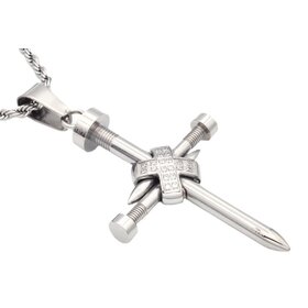 Blackjack (Z) MENS STAINLESS STEEL NAIL CROSS PENDANT WITH CZ 24”ROPE CHAIN