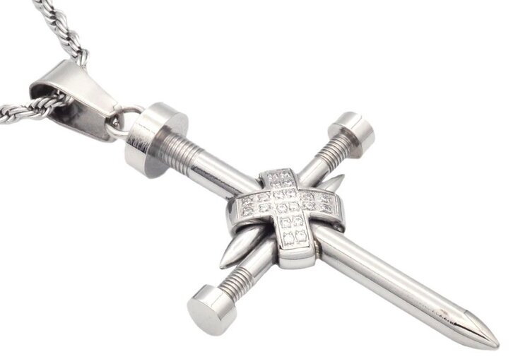 Blackjack (Z) MENS STAINLESS STEEL NAIL CROSS PENDANT WITH CZ 24”ROPE CHAIN