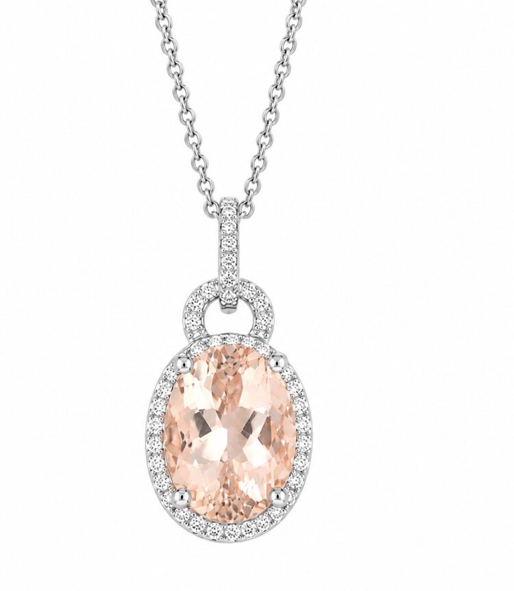 PRIMA NEW YORK (R) 14KW 2.05CT MORGANITE .13CT HALO GENUINE DIAMOND HALO PENDENT