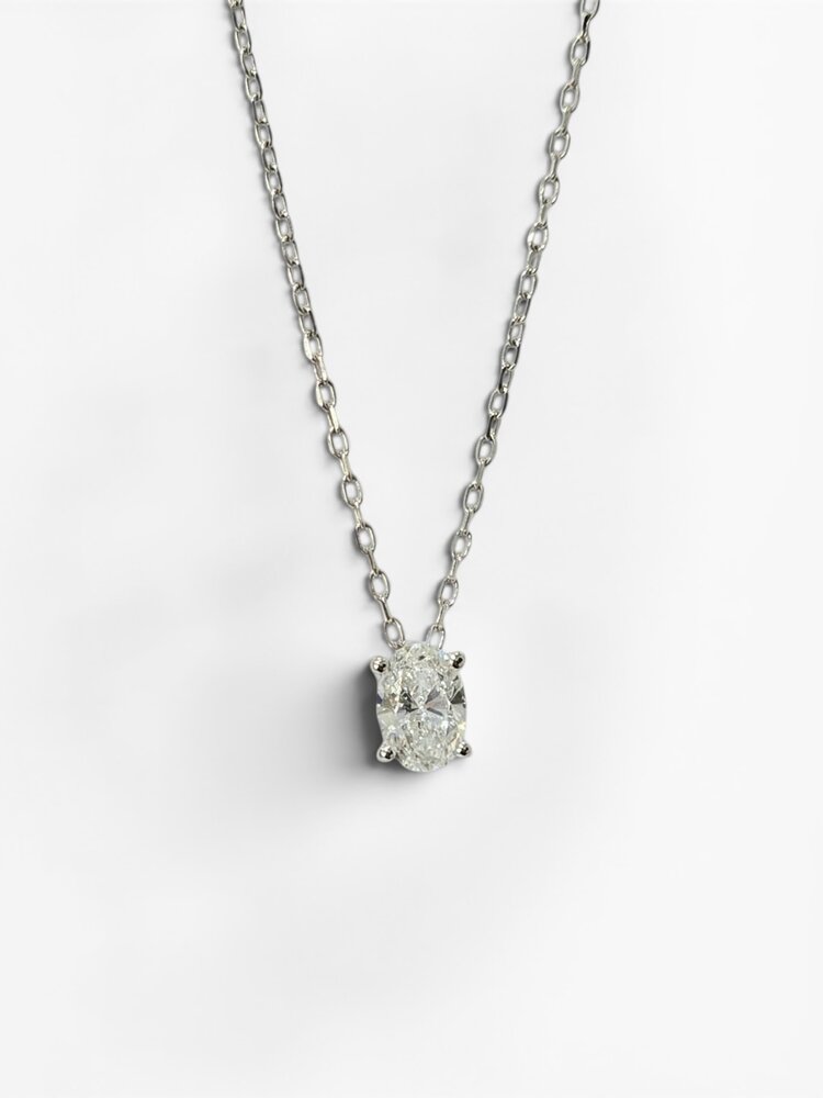 (X) 14KW .50CT LAB OVAL SHAPE, 14 KARAT WHITE GOLD NECKLACE, LAB GROWN DIAMOND, PRONG SET, CABLE LINK, 16’’-18’’