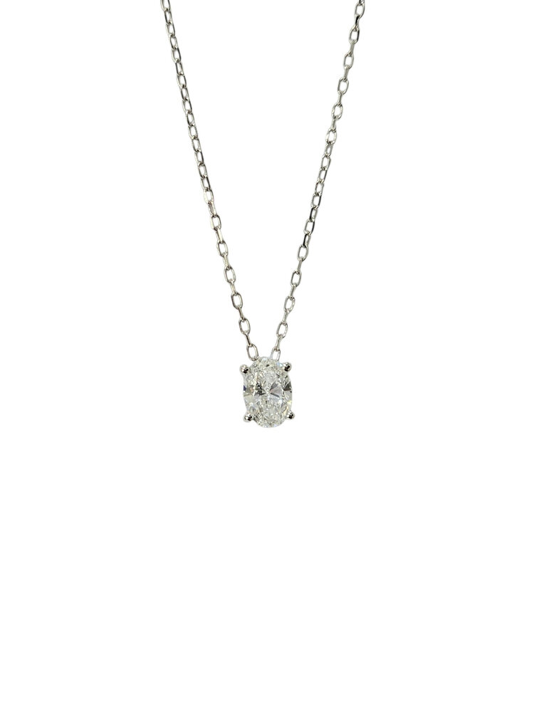 (X) 14KW .50CT LAB OVAL SHAPE, 14 KARAT WHITE GOLD NECKLACE, LAB GROWN DIAMOND, PRONG SET, CABLE LINK, 16’’-18’’