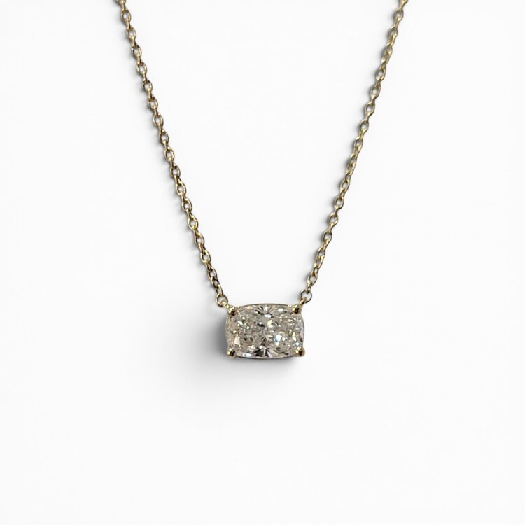 (X) 14KY .75CT LAB E. CUSH, 14 KARAT YELLOW GOLD, .75 CARAT LAB GROWN DIAMOND, ELONGATED CUSHION, PRONG SET, CABLE LINK, 16’’-18’’, EAST - WEST DESIGN, LOBSTER CLASP