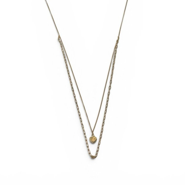 (X) 10KY DOUBLE LAYER NECKLACE, 10 KARAT YELLOW GOLD, CURB WITH HEART AND PAPER CLIP LINK, 17’’ CHAIN, LOBSTER CLASP