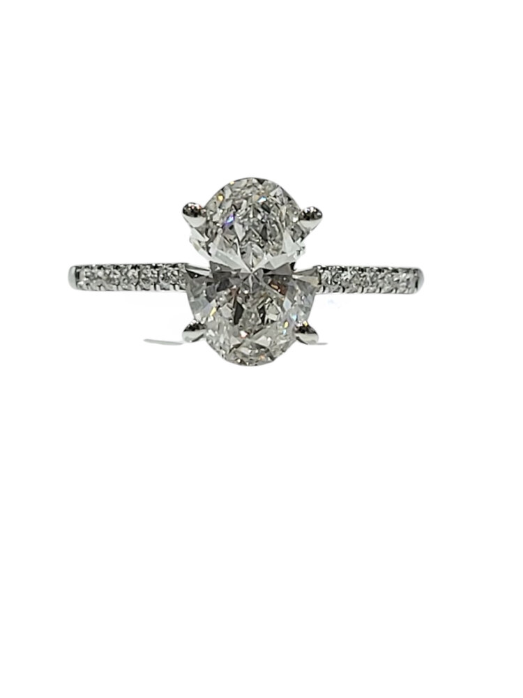 DIAMOND TRADERS INTERNATIONAL (X) 14KW 2.00CTW OVAL LAB GROWN DIAMOND 1.75CT CENTER STONE, 2.00CTW HIDDEN HALO, STRAIGHT LINE DIAMOND SHANK, DIAMOND STUDDED PRONG