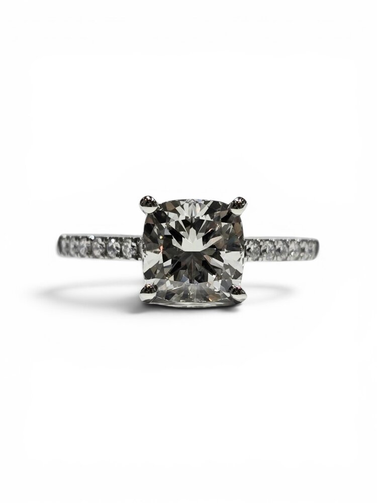 DIAMOND TRADERS INTERNATIONAL (X)14KW 2.00CTW CUSH LAB GROWN DIAMOND 1.75CT CENTER CUSHION CUT 2.00CTW ENGAGEMENT RING WITH HIDDEN HALO AND PAVE SET PRONGS