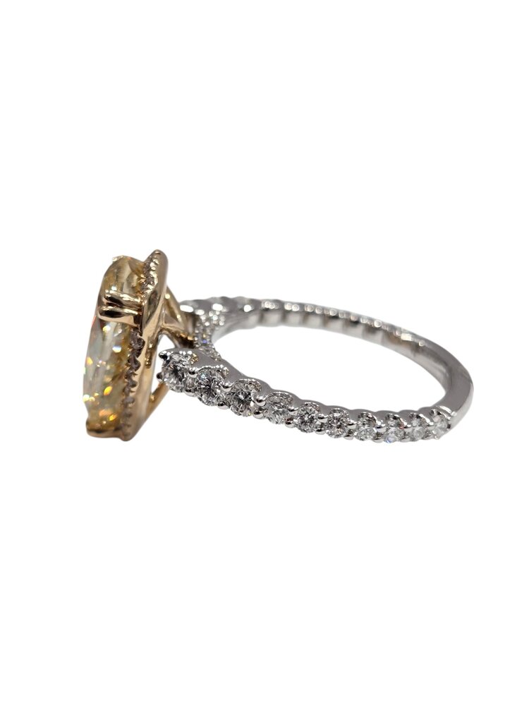 DIAMOND TRADERS INTERNATIONAL (Z) 14K 4.03CT LAB 1.20MT , WHITE & YELLOW GOLD BRIDAL RING, LAB GROWN DIAMONDS, 4.03CT FANCY YELLOW PEAR CENTER STONE “CANARY”,  1.20 CARATS ON THE SETTING