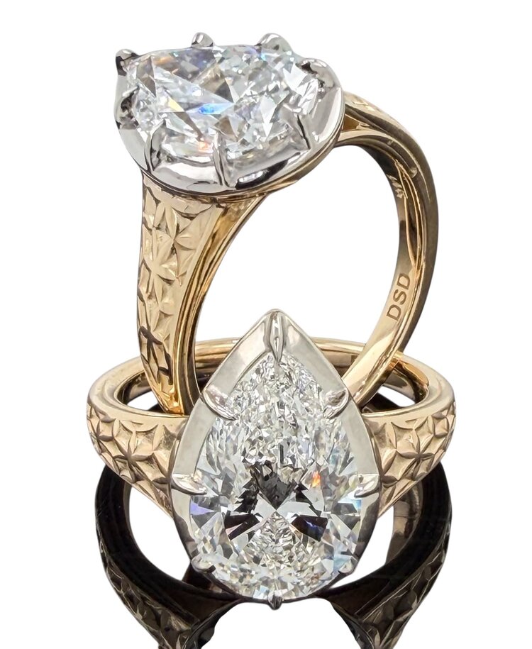 DS DESIGN (Z) 14K 3.07CT LAB VS1 F , 14K WHITE & YELLOW GOLD LAB GROWN DIAMOND BRIDAL RING, PEAR SHAPE CENTER, IGI CERTIFIED # LG715562583, GEORGIAN STYLE RING