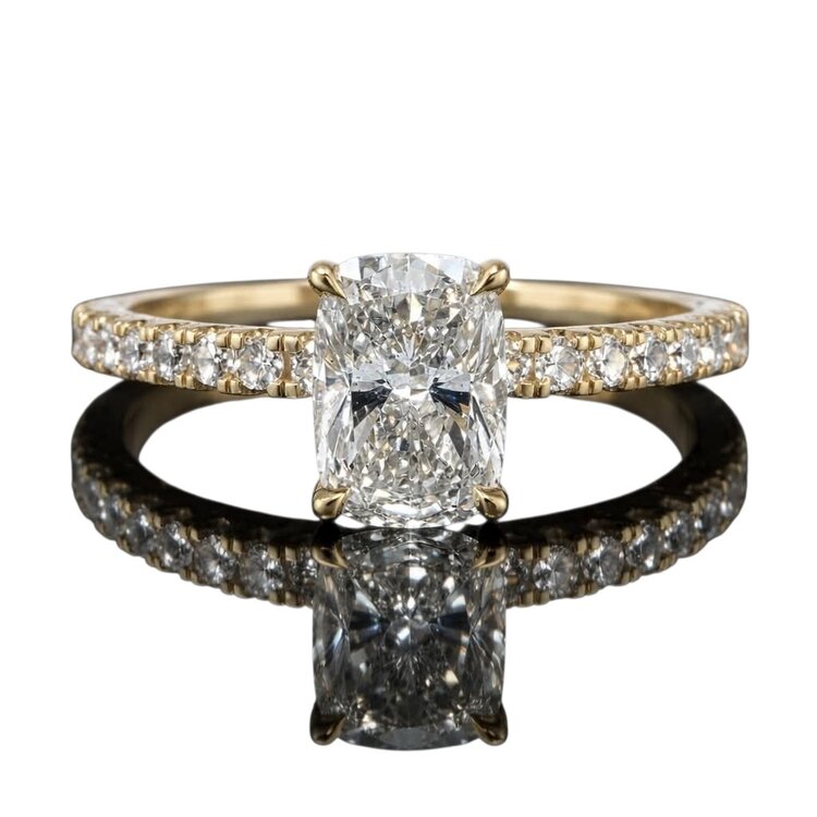 DIAMOND TRADERS INTERNATIONAL (X) 14K 1.08CT LAB .35MT , YELLOW GOLD LAB GROWN DIAMOND BRIDAL RING, CUSHION CUT CENTER DIAMOND 1.08 CARATS, .35 CARATS ON THE SETTING