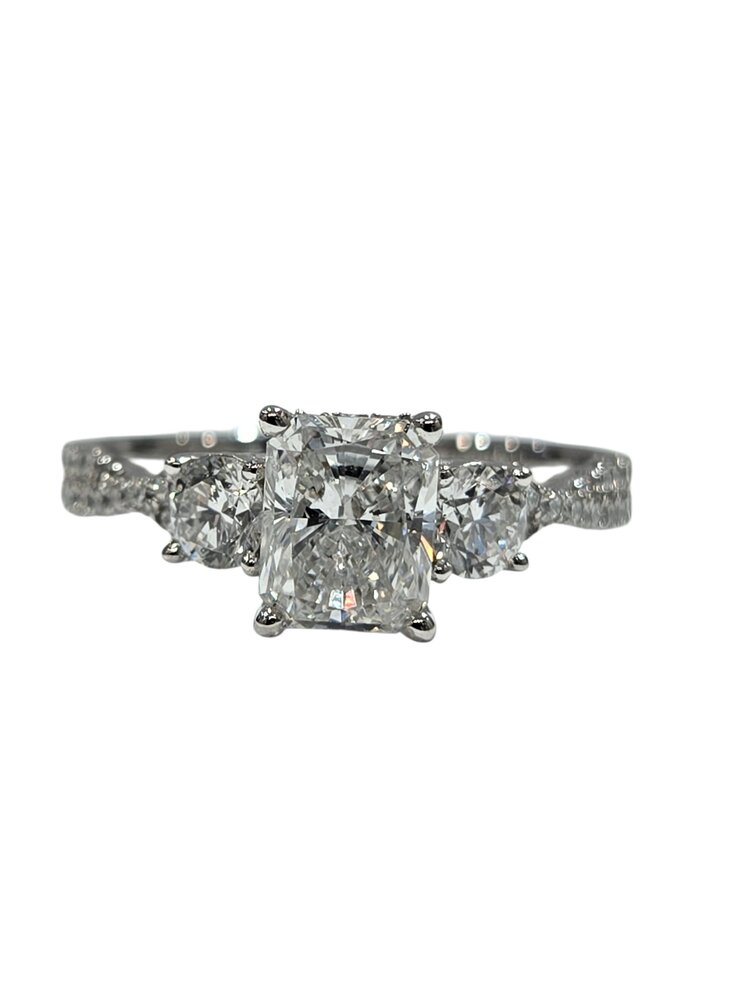 DIAMOND TRADERS INTERNATIONAL (X) 14K 1.00CT LAB .50MT , VVS2 E , WHITE GOLD LAB GROWN DIAMOND BRIDAL RING, RAIDANT CUT CENTER DIAMOND 1.00 CARATS, .50 CARATS ON THE SETTING