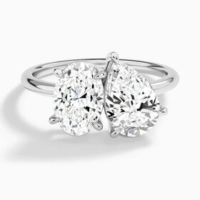 DIAMOND TRADERS INTERNATIONAL (Z) 14K 2.00CT LAB VS1 E , WHITE GOLD "TU ET MOI" DESIGN BRIDAL RING, 1 CARAT OVAL & 1 CARAT PEAR SHAPED LAB GROWN DIAMONDS.