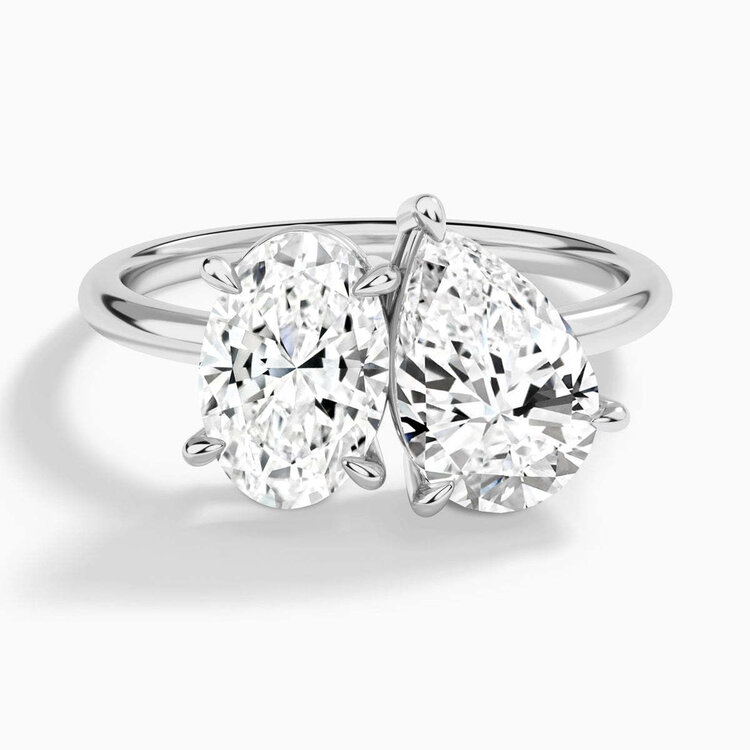 DIAMOND TRADERS INTERNATIONAL (Z) 14K 2.00CT LAB VS1 E , WHITE GOLD "TU ET MOI" DESIGN BRIDAL RING, 1 CARAT OVAL & 1 CARAT PEAR SHAPED LAB GROWN DIAMONDS.