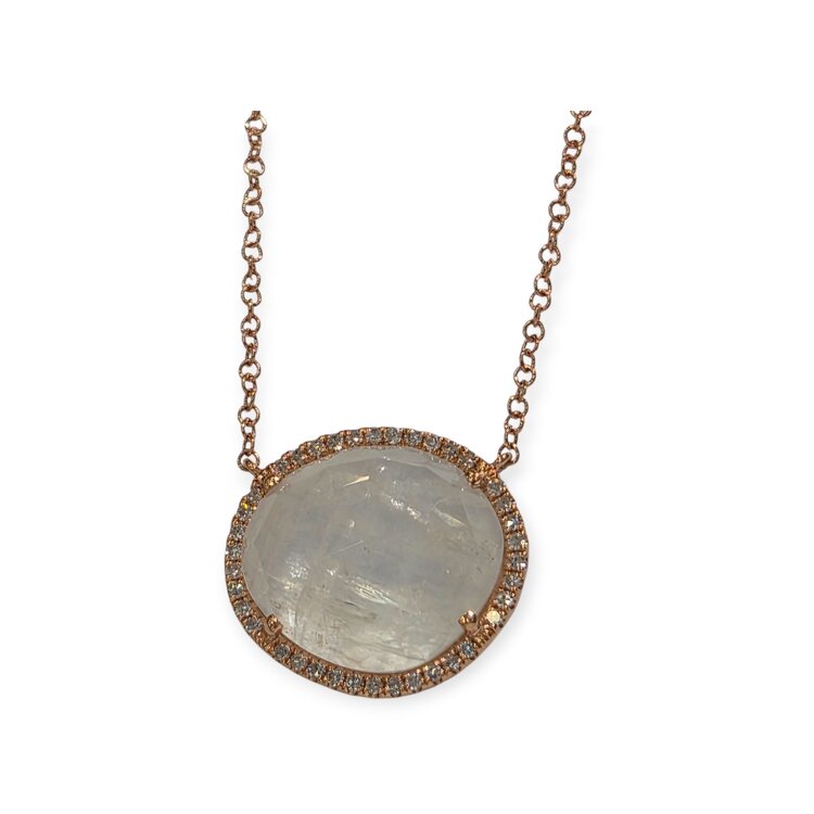 LIVEN C0. (X) 14KR .13CT TDW 4.4CT MS 14 KARAT ROSE GOLD ADJUSTABLE (16’’ - 18’’) NECKLACE , CABLE LINK,  4.40CT MOONSTONE, .13CT NATURAL DIAMONDS