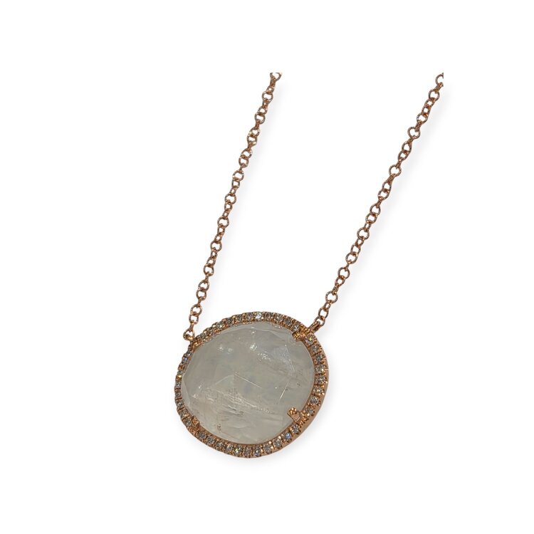 LIVEN C0. (X) 14KR .13CT TDW 4.4CT MS 14 KARAT ROSE GOLD ADJUSTABLE (16’’ - 18’’) NECKLACE , CABLE LINK,  4.40CT MOONSTONE, .13CT NATURAL DIAMONDS