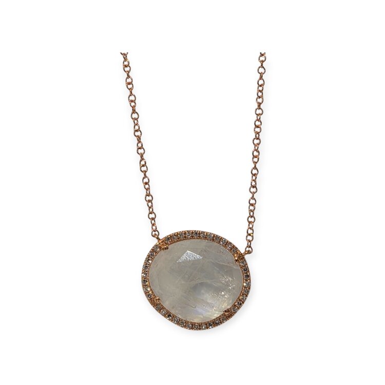 LIVEN C0. (X) 14KR .13CT TDW 4.4CT MS 14 KARAT ROSE GOLD ADJUSTABLE (16’’ - 18’’) NECKLACE , CABLE LINK,  4.40CT MOONSTONE, .13CT NATURAL DIAMONDS