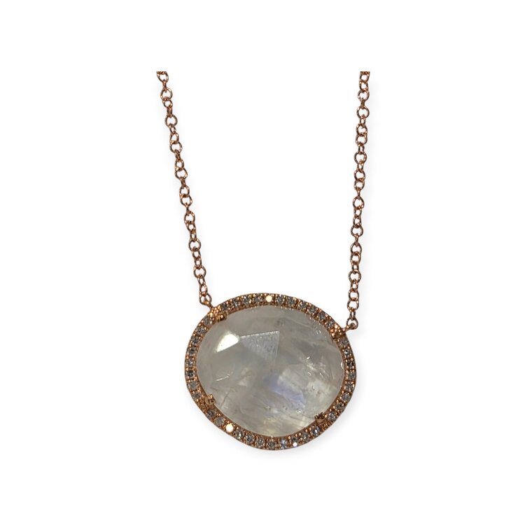 LIVEN C0. (X) 14KR .13CT TDW 4.4CT MS 14 KARAT ROSE GOLD ADJUSTABLE (16’’ - 18’’) NECKLACE , CABLE LINK,  4.40CT MOONSTONE, .13CT NATURAL DIAMONDS