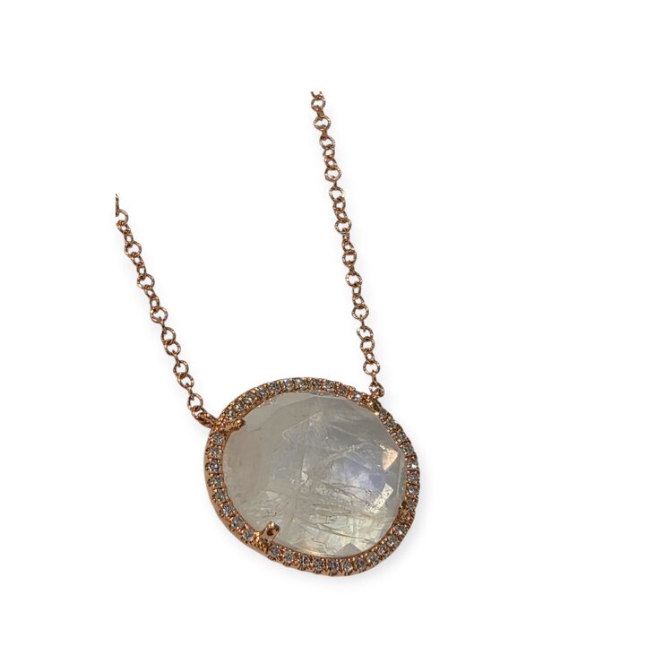 LIVEN C0. (X) 14KR .13CT TDW 4.4CT MS 14 KARAT ROSE GOLD ADJUSTABLE (16’’ - 18’’) NECKLACE , CABLE LINK,  4.40CT MOONSTONE, .13CT NATURAL DIAMONDS