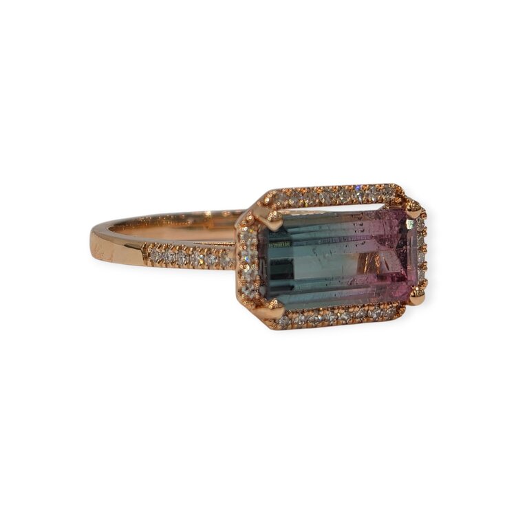LIVEN C0. (X) 14KR .12CT TDW 1.61CT TM, 14 KARAT ROSE GOLD,  1.61CT WATERMELON TOURMALINE, .12CT (36) NATURAL DIAMONDS
