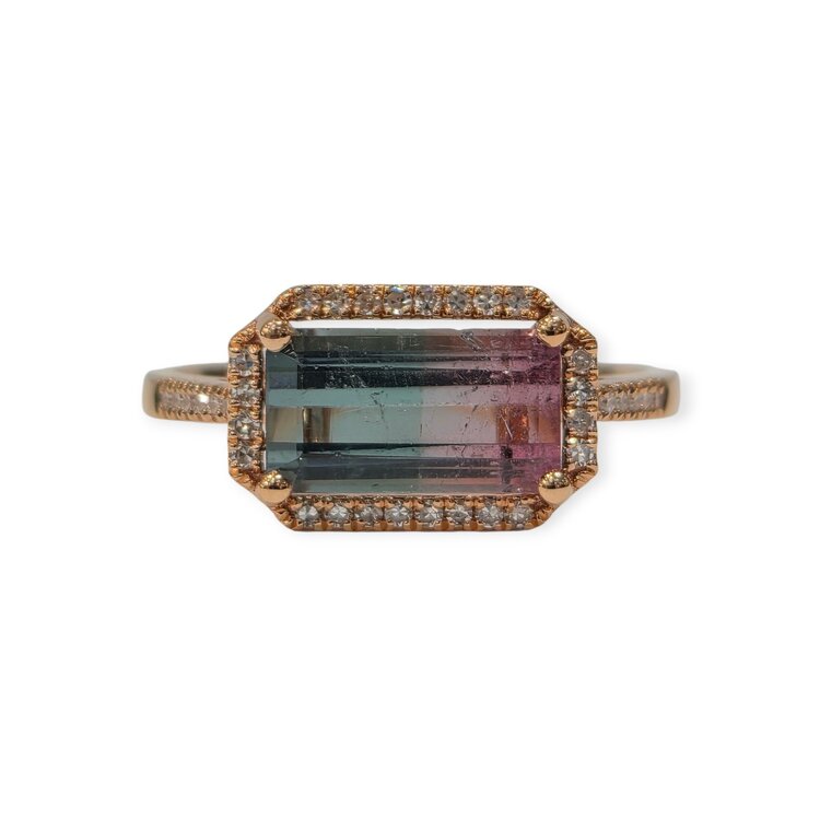 LIVEN C0. (X) 14KR .12CT TDW 1.61CT TM, 14 KARAT ROSE GOLD,  1.61CT WATERMELON TOURMALINE, .12CT (36) NATURAL DIAMONDS