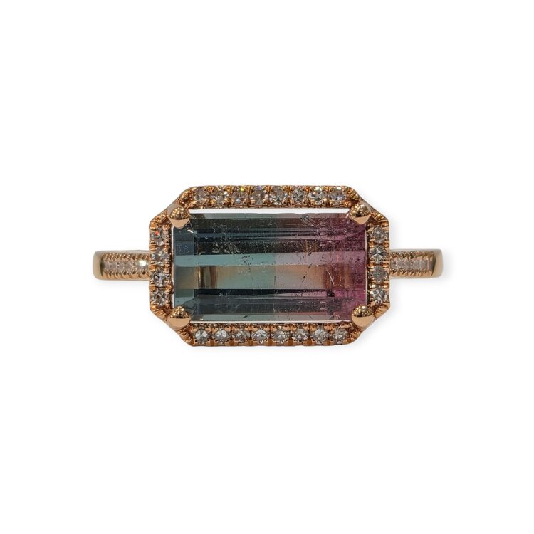 LIVEN C0. (X) 14KR .12CT TDW 1.61CT TM, 14 KARAT ROSE GOLD,  1.61CT WATERMELON TOURMALINE, .12CT (36) NATURAL DIAMONDS