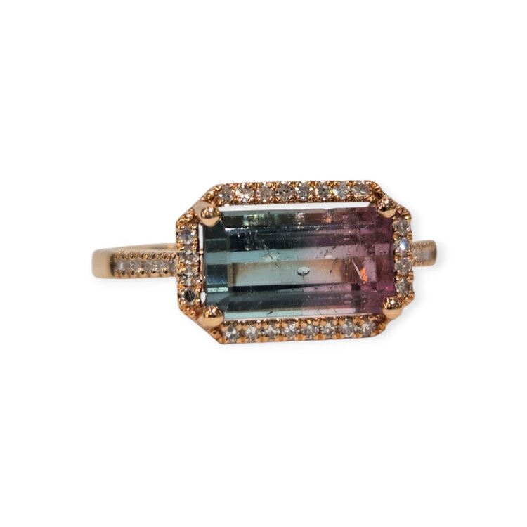 LIVEN C0. (X) 14KR .12CT TDW 1.61CT TM, 14 KARAT ROSE GOLD,  1.61CT WATERMELON TOURMALINE, .12CT (36) NATURAL DIAMONDS