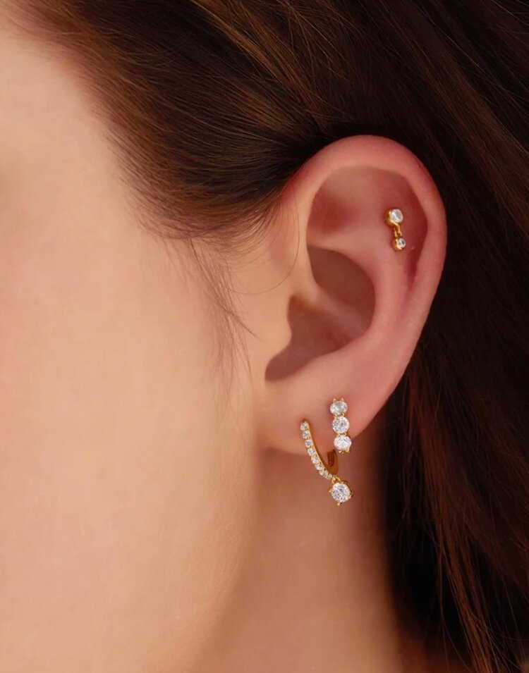 Gold Trio Sparkle Huggie Hoop Earrings, Material: 925 Sterling Silver with 14kt Gold Plating with Cubic Zirconia • Hoop Diameter: 6.5mm • Hoop Width: 1.6mm • Weight: 1.3g