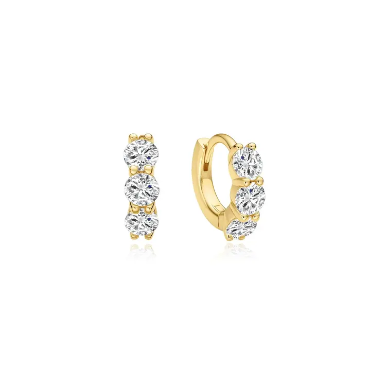 Gold Trio Sparkle Huggie Hoop Earrings, Material: 925 Sterling Silver with 14kt Gold Plating with Cubic Zirconia • Hoop Diameter: 6.5mm • Hoop Width: 1.6mm • Weight: 1.3g