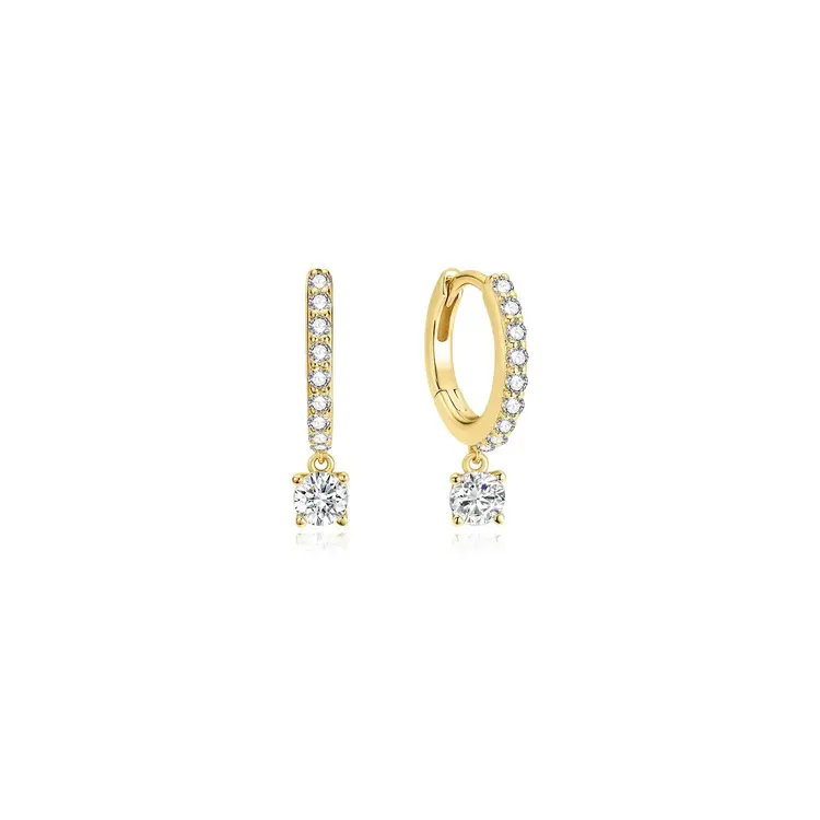 Gold Dangling Sparkle Huggie Hoop Earrings, Material: 925 Sterling Silver with 14kt Gold Plating with Cubic Zirconia • Hoop Diameter: 8.5mm • Hoop Width: 1.7mm • Weight: 1.6g