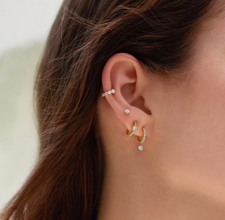 Gold Dangling Sparkle Huggie Hoop Earrings, Material: 925 Sterling Silver with 14kt Gold Plating with Cubic Zirconia • Hoop Diameter: 8.5mm • Hoop Width: 1.7mm • Weight: 1.6g