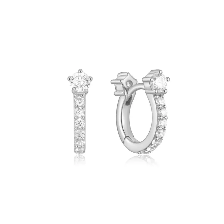 Silver Sparkling Pav¨¦ Huggie Hoop Earrings, Material: 925 Sterling Silver with Rhodium Plating with Cubic Zirconia  Earring Size: 7.5 x 1.7mm  Weight: 2.0g