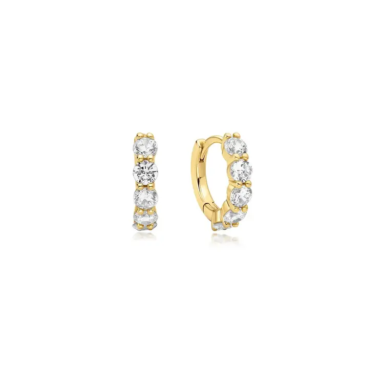 Gold Quintet Sparkle Huggie Hoop Earrings Material: 925 Sterling Silver with 14kt Gold Plating with Cubic Zirconia • Hoop Diameter: 8.5mm • Hoop Width: 1.5mm • Weight: 1.9g
