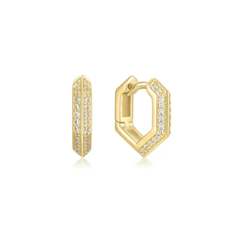 Gold Sparkling Shield Huggie Hoop Earrings, Material: 925 Sterling Silver with 14kt Gold Plating with Cubic Zirconia  Earring Size: 14 x 3mm  Weight: 2.8g