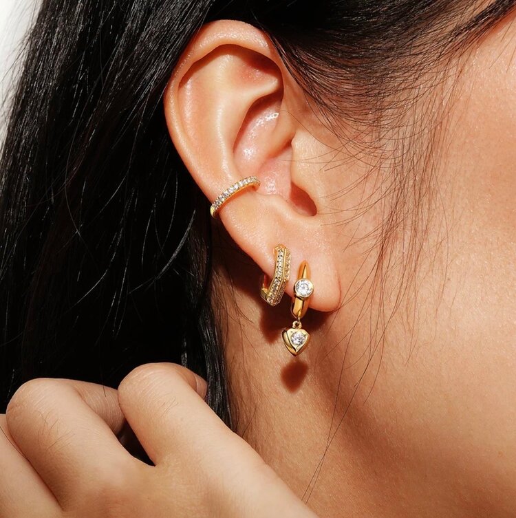 Gold Sparkling Shield Huggie Hoop Earrings, Material: 925 Sterling Silver with 14kt Gold Plating with Cubic Zirconia  Earring Size: 14 x 3mm  Weight: 2.8g