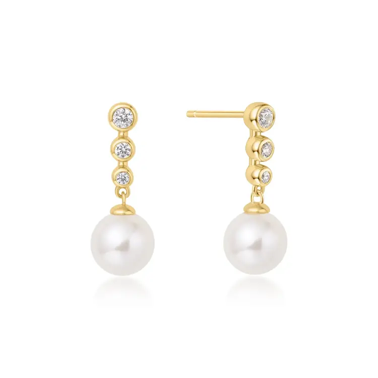 Gold Tennis Beaded Stone Shell Pearl Drop Stud Earrings, Material: 925 Sterling Silver with 14kt Gold Plating with Shell Pearl/Cubic Zirconia • Earring Size: 20 x 7mm • Weight: 2.5g