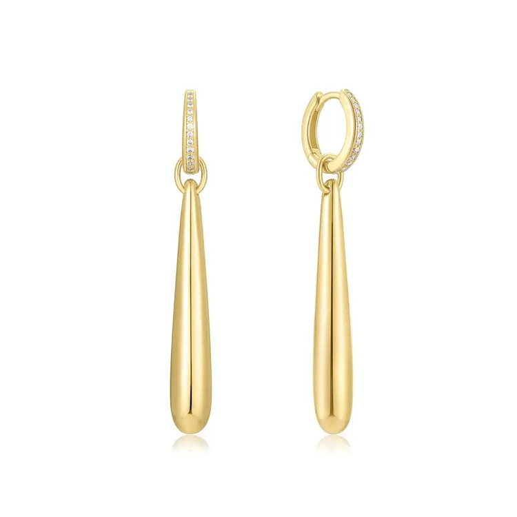 Gold Long Water Droplet Drop Earrings Material: 925 Sterling Silver with 14kt Gold Plating with Cubic Zirconia  Earring Size: 9 x 2.6mm Weight: 6.5g